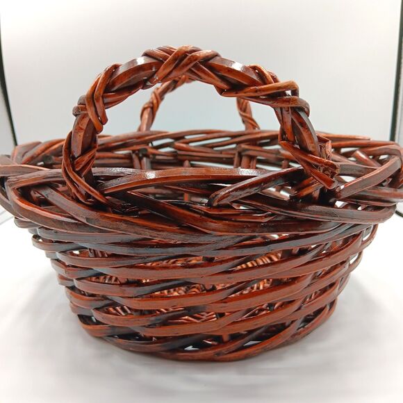 Wicker Gathering Basket Brown Thick Woven Side Handle Round Decor Bread Fruit 9" - Picture 9 of 12